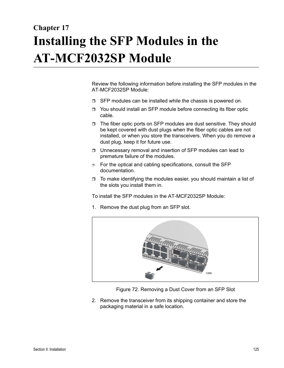 Chapter 17, Figure 72: removing a dust cover from an sfp slot | Allied Telesis AT-MCF2300 User Manual | Page 125 / 190