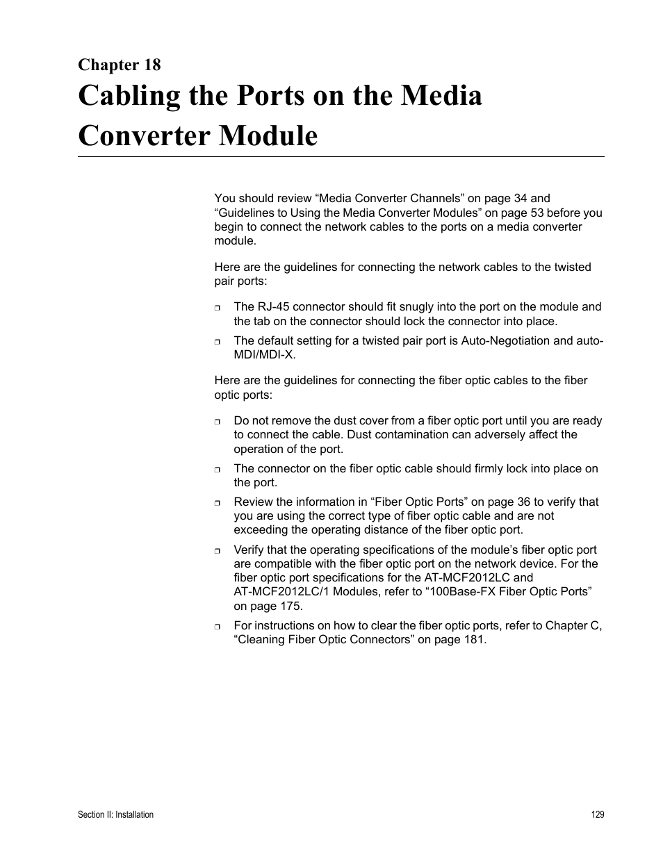 Chapter 18, Cabling the ports on the media converter module | Allied Telesis AT-MCF2300 User Manual | Page 129 / 190