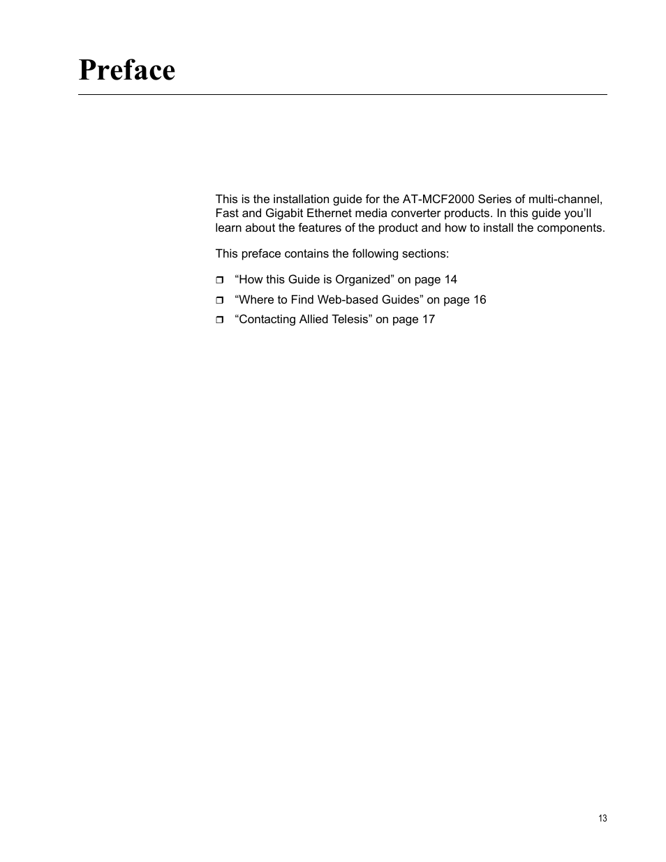 Preface | Allied Telesis AT-MCF2300 User Manual | Page 13 / 190