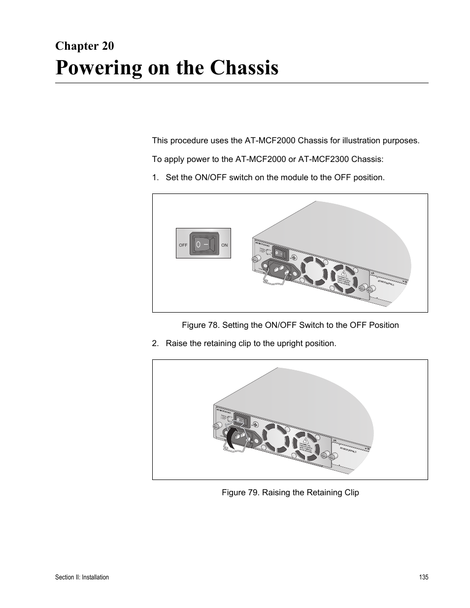 Chapter 20, Powering on the chassis | Allied Telesis AT-MCF2300 User Manual | Page 135 / 190