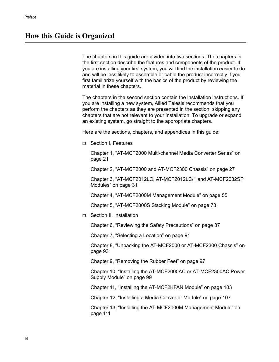 How this guide is organized | Allied Telesis AT-MCF2300 User Manual | Page 14 / 190