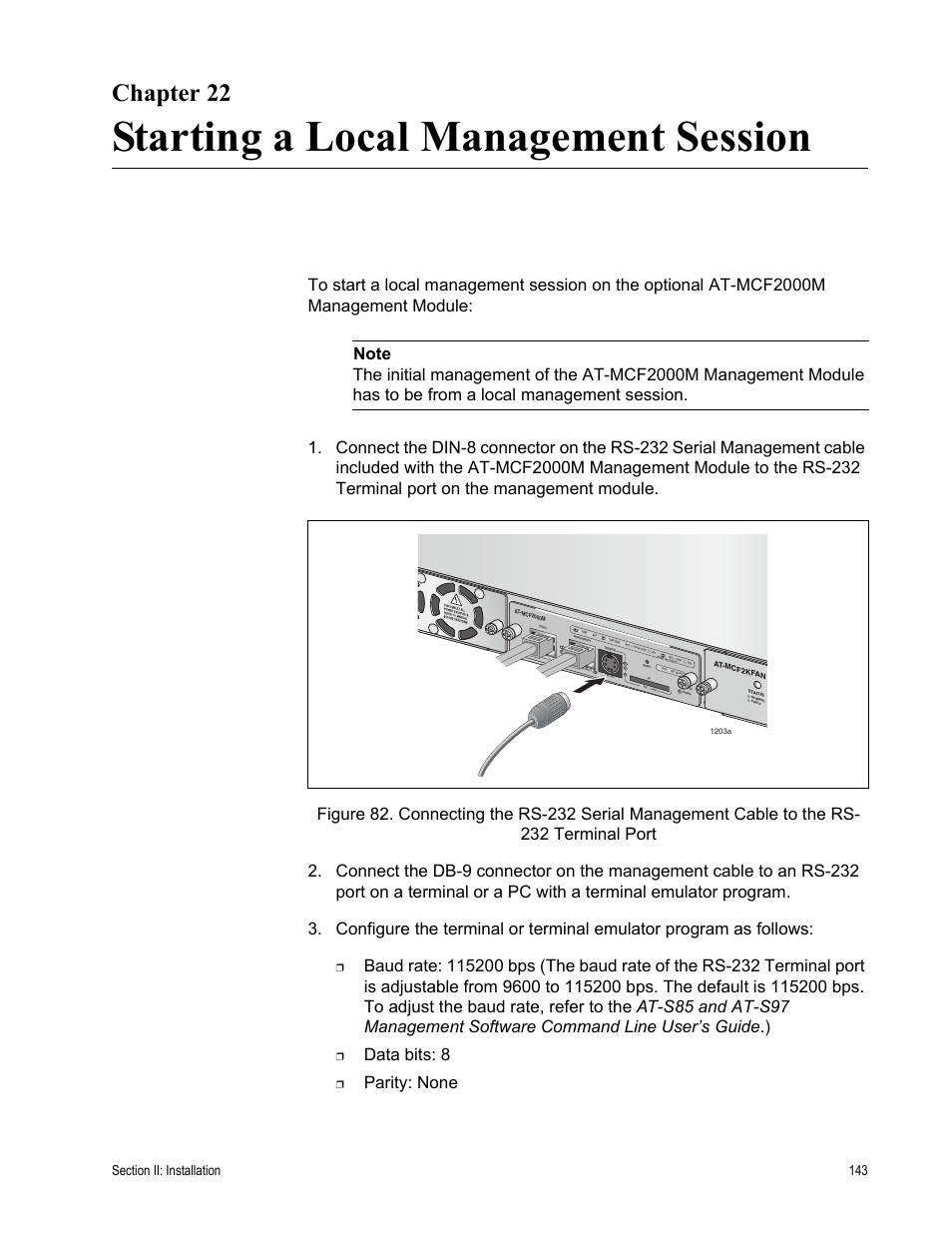 Chapter 22, Starting a local management session, Data bits: 8 | Parity: none | Allied Telesis AT-MCF2300 User Manual | Page 143 / 190