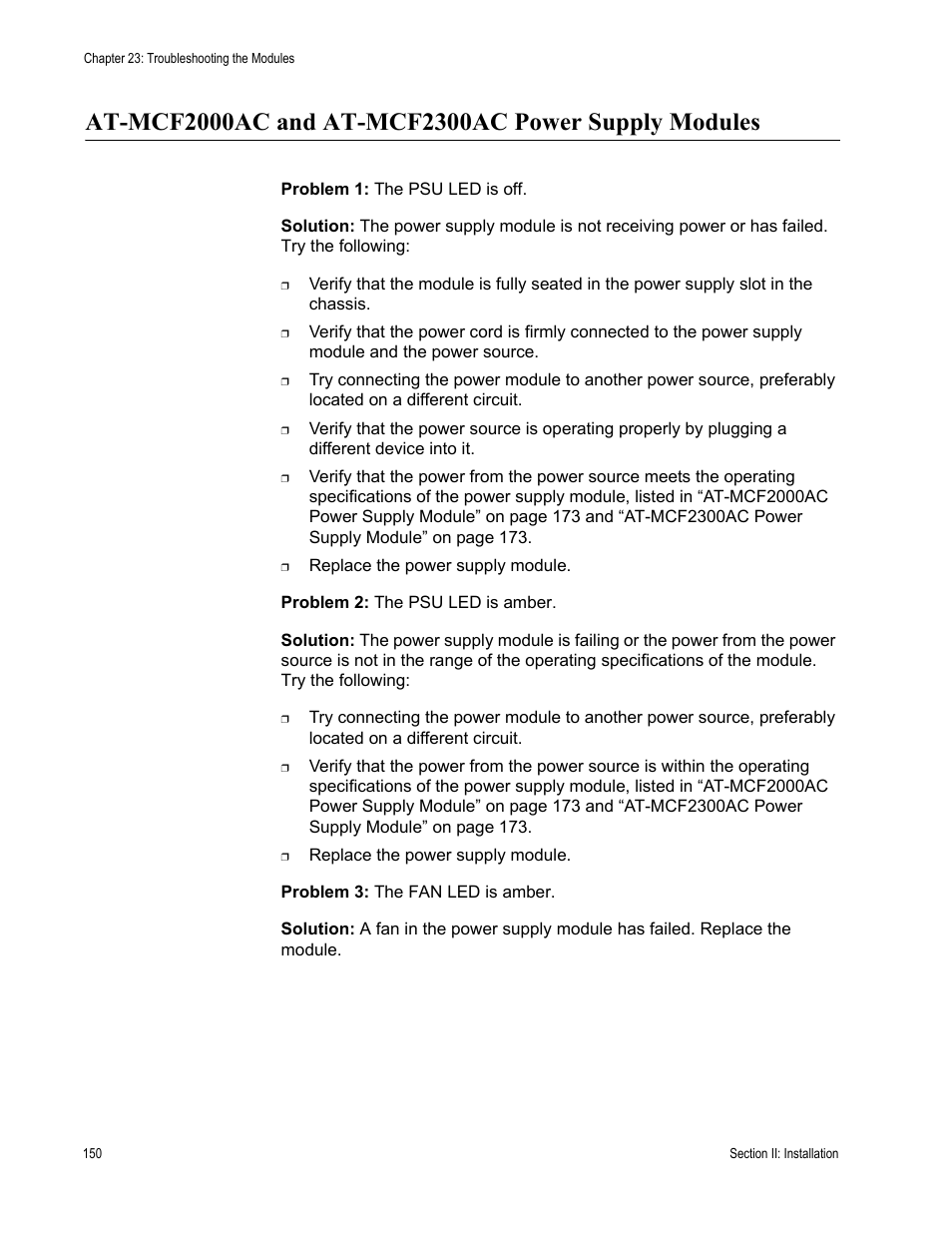 At-mcf2000ac and at-mcf2300ac power supply modules | Allied Telesis AT-MCF2300 User Manual | Page 150 / 190