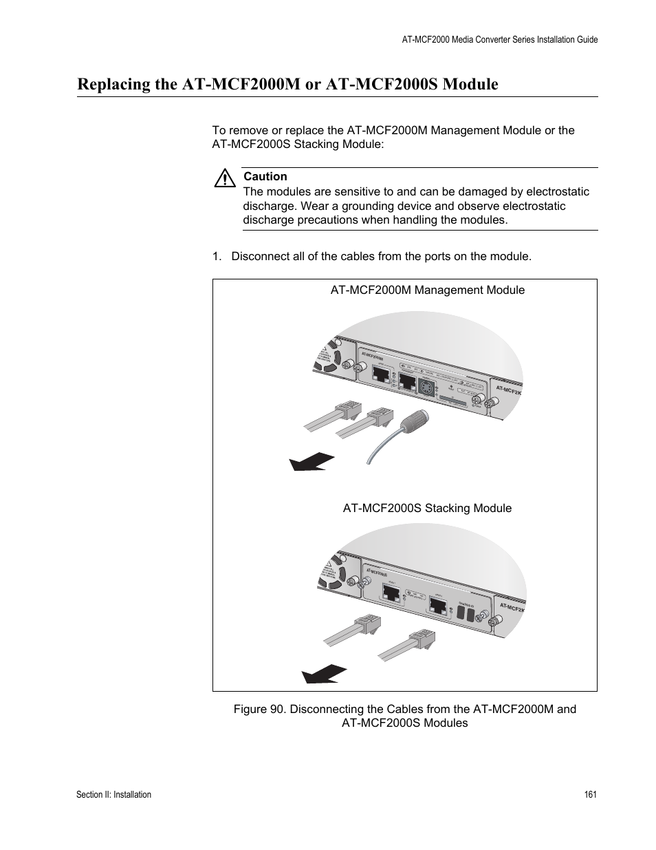 Replacing the at-mcf2000m or at-mcf2000s module | Allied Telesis AT-MCF2300 User Manual | Page 161 / 190