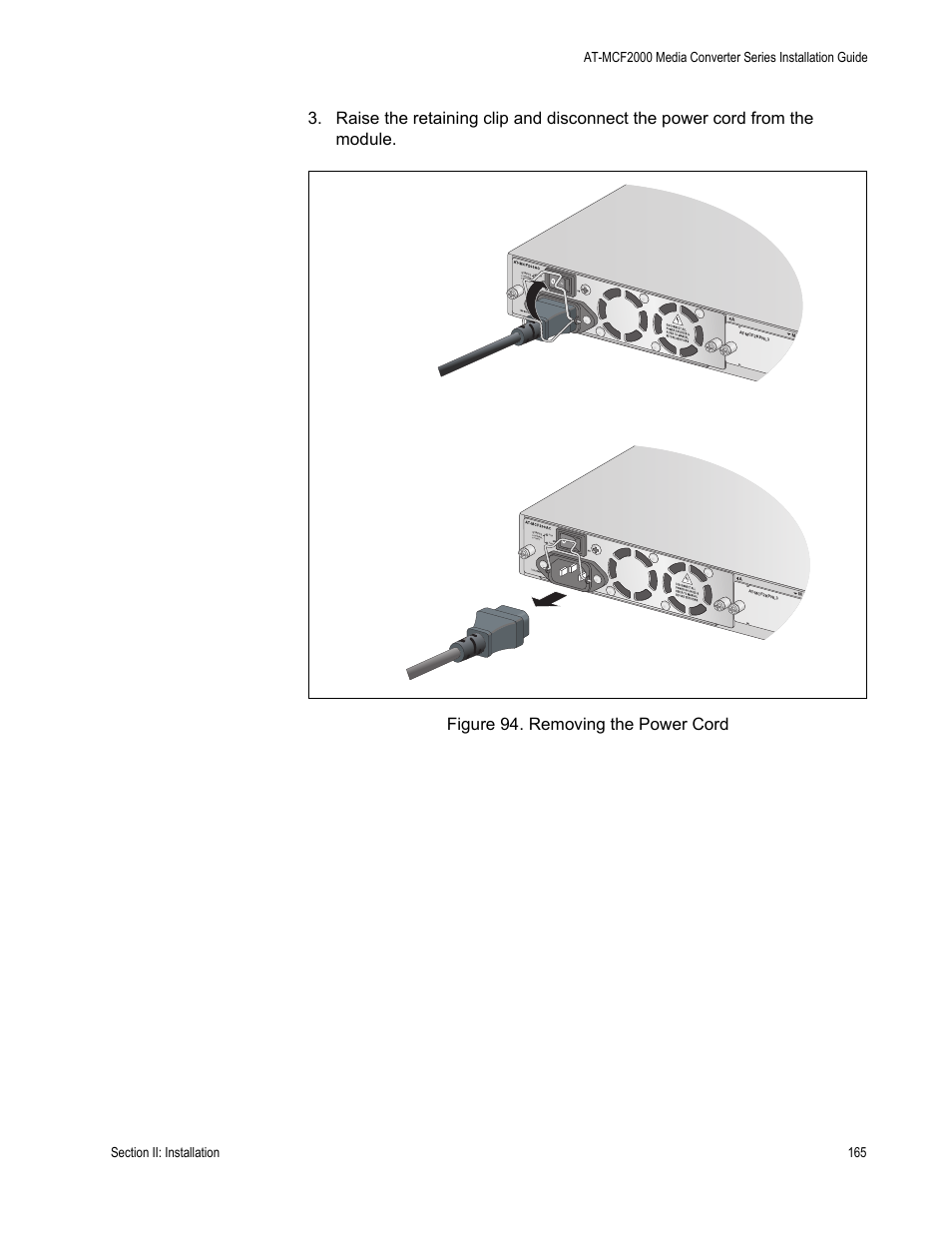 Figure 94: removing the power cord, Norm al fault, Psu fan | Allied Telesis AT-MCF2300 User Manual | Page 165 / 190