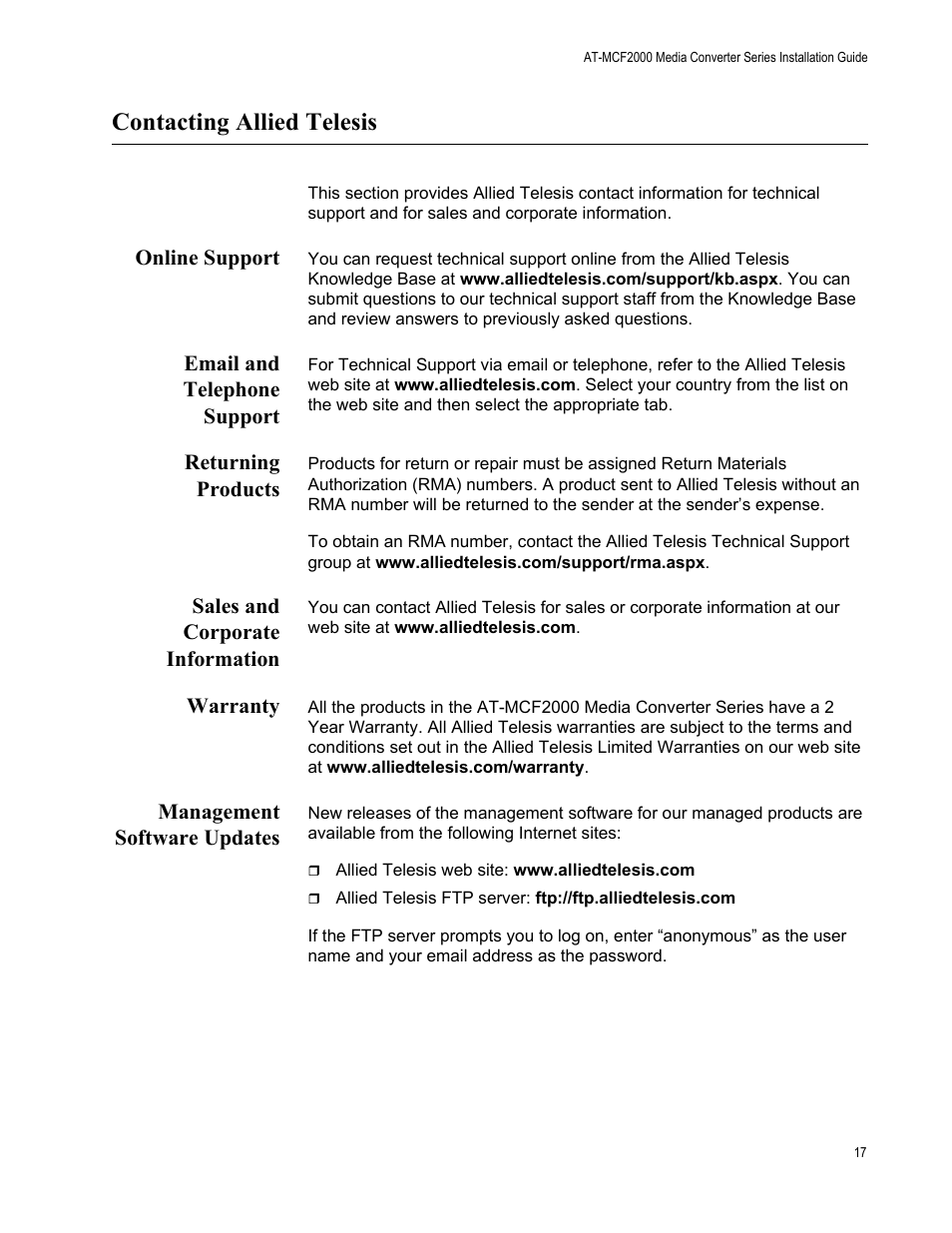 Contacting allied telesis, Online support, Email and telephone support | Returning products, Sales and corporate information, Warranty, Management software updates | Allied Telesis AT-MCF2300 User Manual | Page 17 / 190
