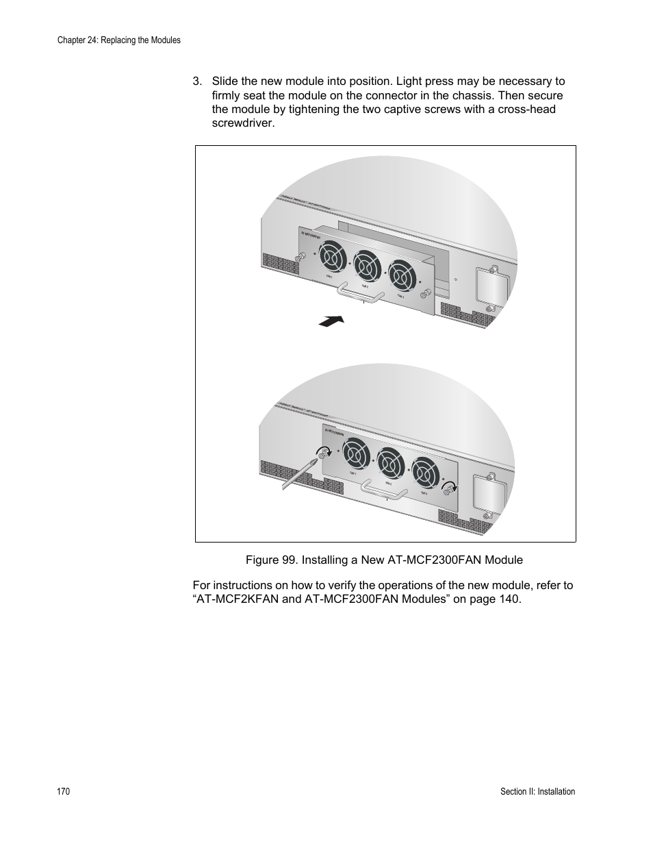Figure 99: installing a new at-mcf2300fan module | Allied Telesis AT-MCF2300 User Manual | Page 170 / 190