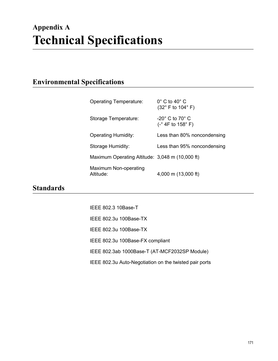 Appendix a, Technical specifications, Environmental specifications | Standards, Appendix a: technical specifications, Environmental specifications standards | Allied Telesis AT-MCF2300 User Manual | Page 171 / 190