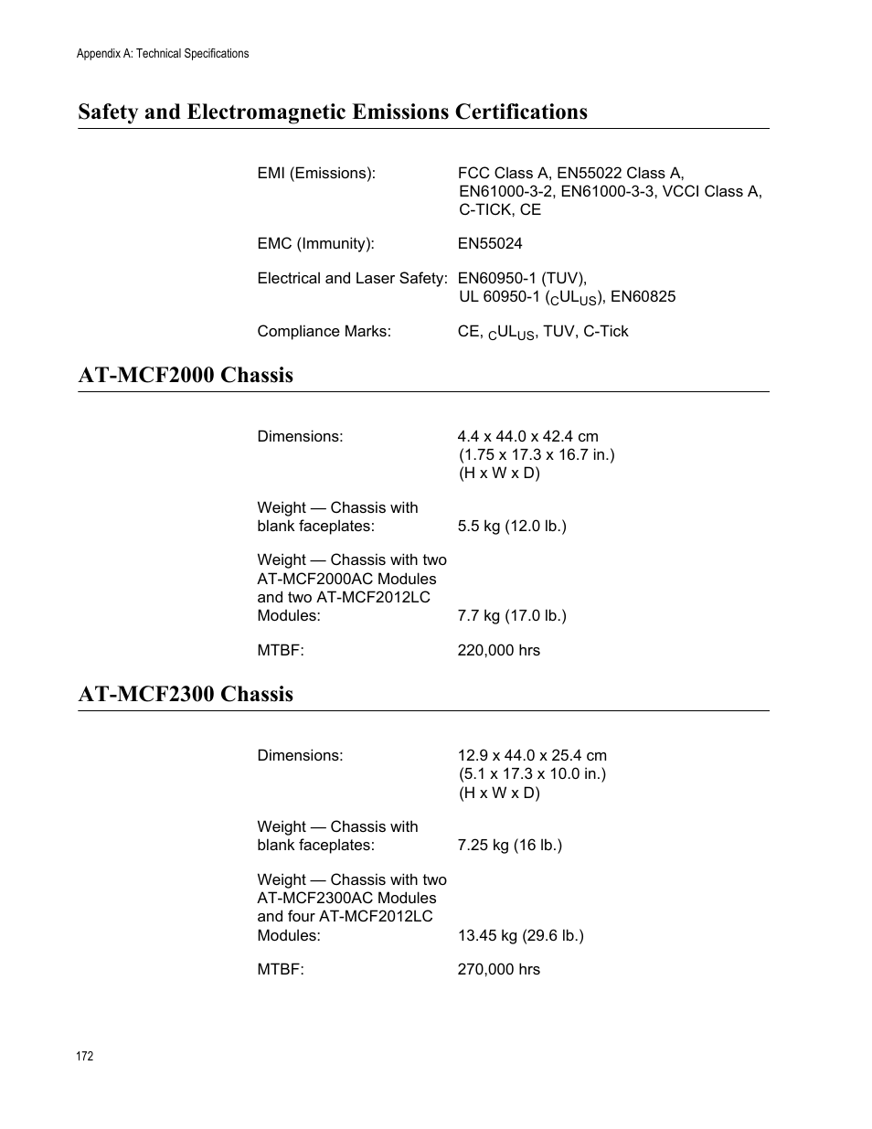 At-mcf2000 chassis, At-mcf2300 chassis | Allied Telesis AT-MCF2300 User Manual | Page 172 / 190
