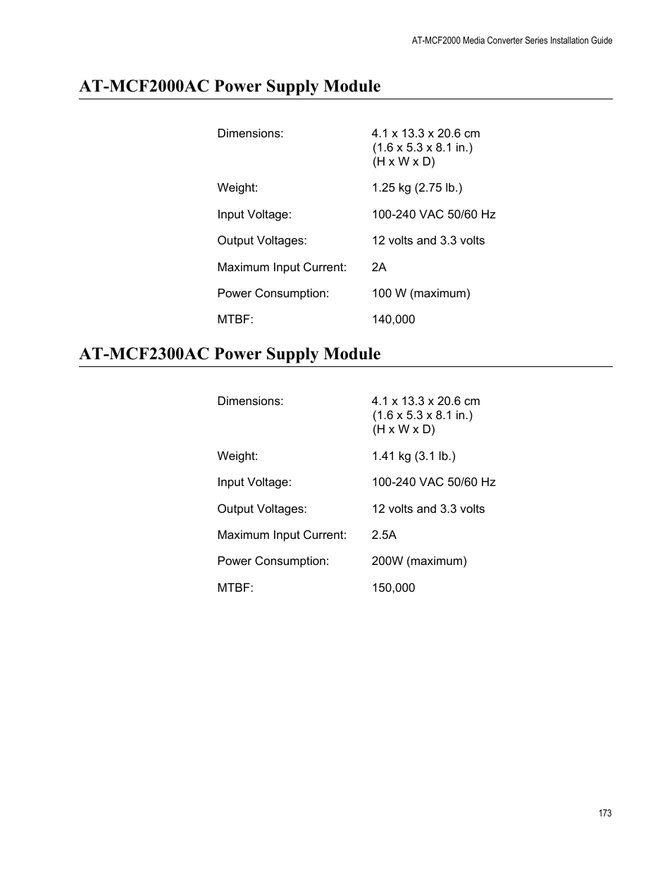 At-mcf2000ac power supply module, At-mcf2300ac power supply module | Allied Telesis AT-MCF2300 User Manual | Page 173 / 190