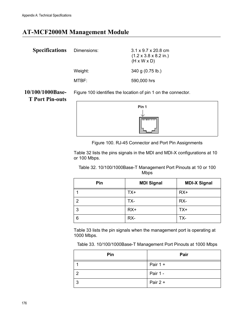 At-mcf2000m management module, Specifications, 10/100/1000base- t port pin-outs | Specifications 10/100/1000base-t port pin-outs | Allied Telesis AT-MCF2300 User Manual | Page 176 / 190