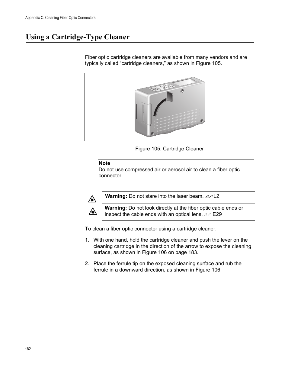 Using a cartridge-type cleaner, Figure 105: cartridge cleaner | Allied Telesis AT-MCF2300 User Manual | Page 182 / 190