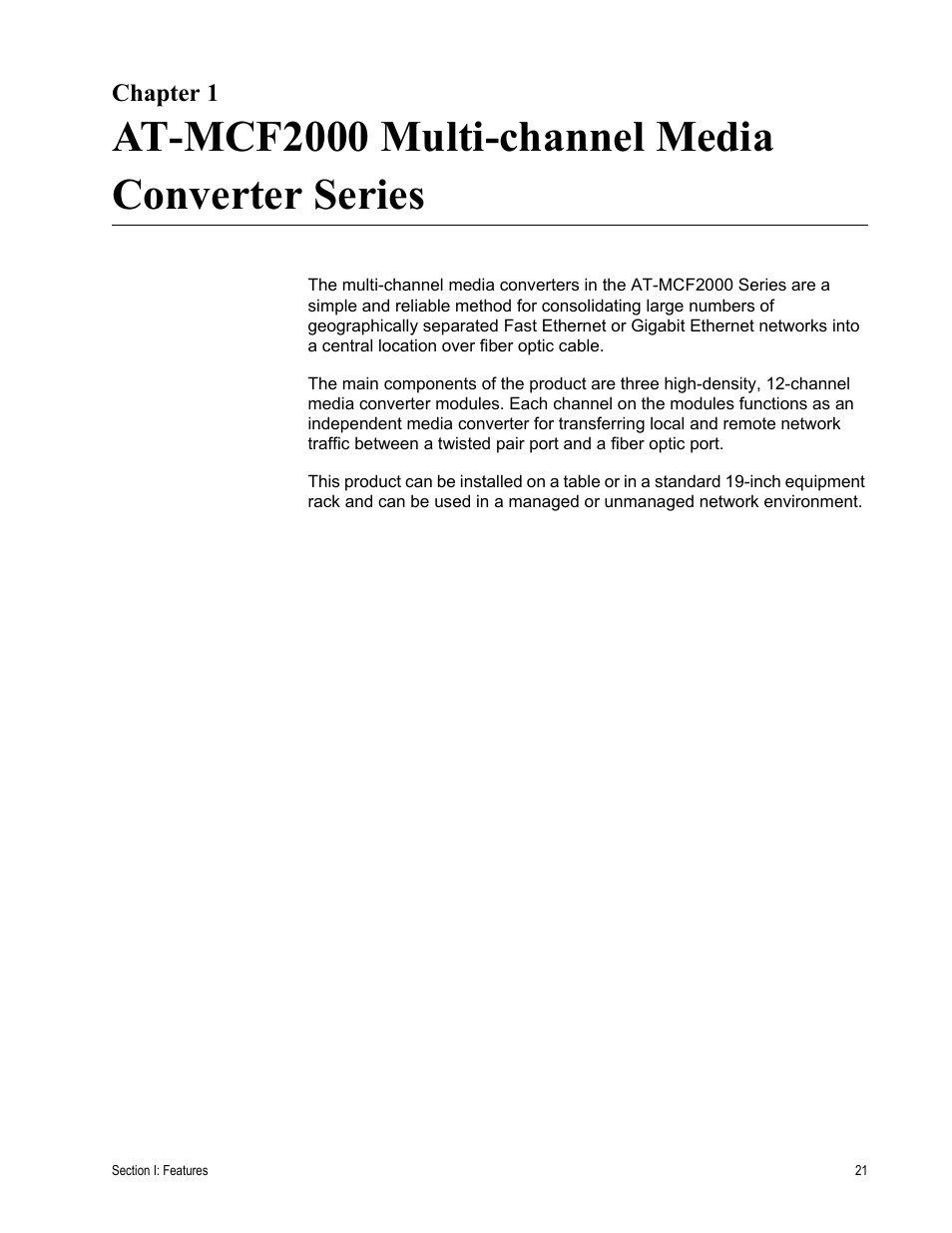 Chapter 1, At-mcf2000 multi-channel media converter series | Allied Telesis AT-MCF2300 User Manual | Page 21 / 190