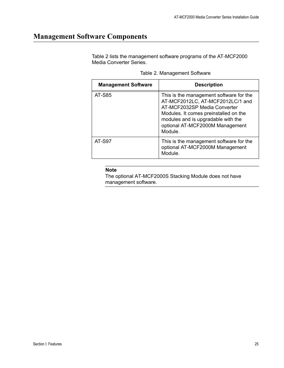 Management software components, Table 2: management software | Allied Telesis AT-MCF2300 User Manual | Page 25 / 190