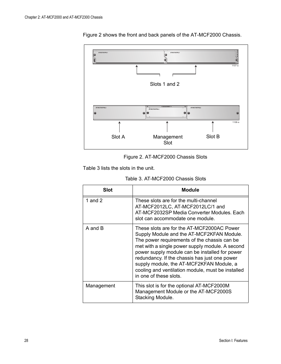 Figure 2: at-mcf2000 chassis slots, Table 3: at-mcf2000 chassis slots, Management slot slot a | Slot b | Allied Telesis AT-MCF2300 User Manual | Page 28 / 190