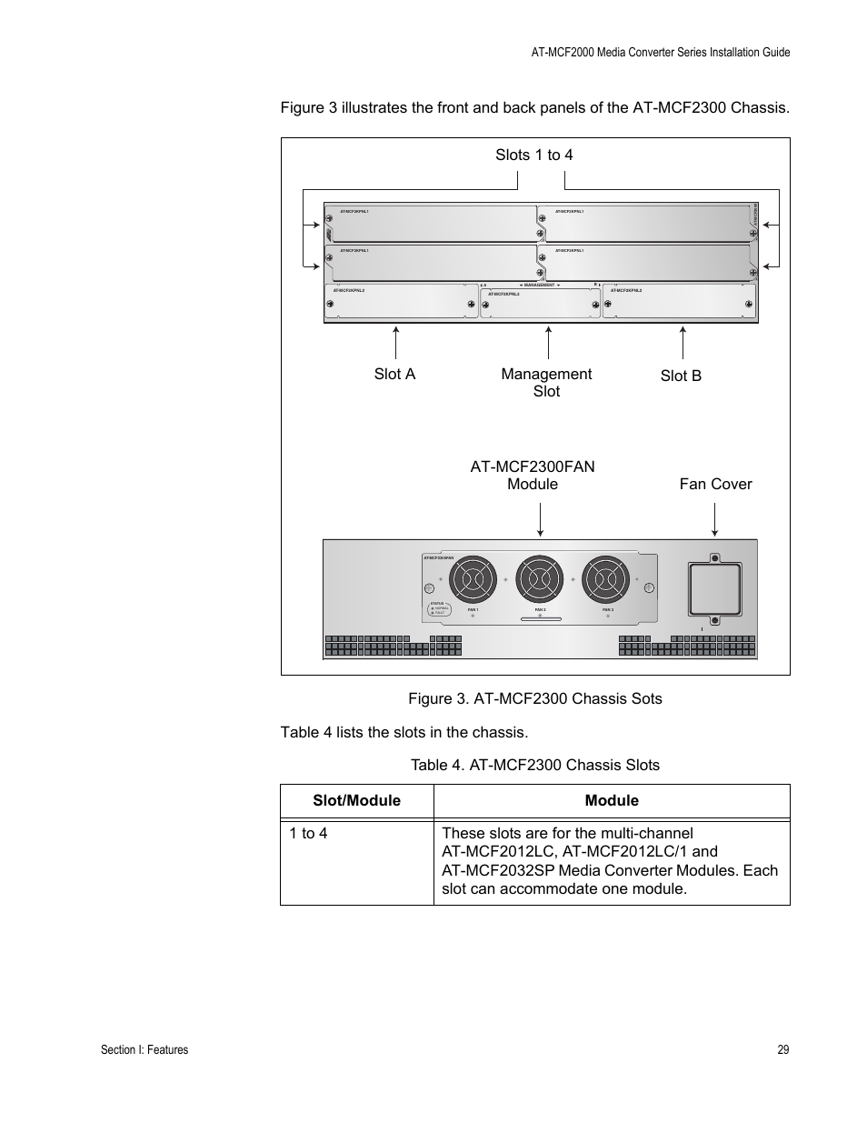 Figure 3: at-mcf2300 chassis sots, Table 4: at-mcf2300 chassis slots, At-mcf2300fan module fan cover | Allied Telesis AT-MCF2300 User Manual | Page 29 / 190