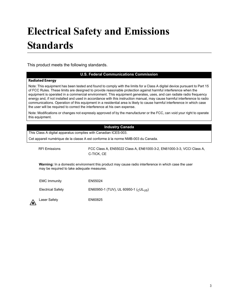 Electrical safety and emissions standards | Allied Telesis AT-MCF2300 User Manual | Page 3 / 190