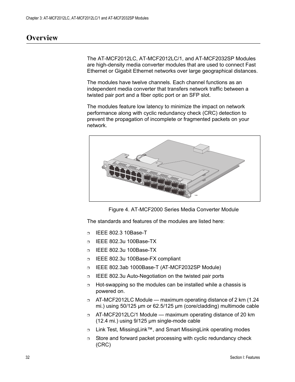 Overview, Figure 4: at-mcf2000 series media converter module | Allied Telesis AT-MCF2300 User Manual | Page 32 / 190