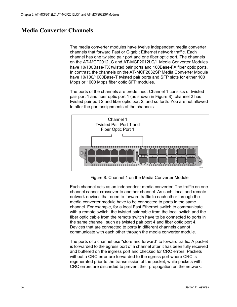 Media converter channels, Figure 8: channel 1 on the media converter module, Class 1 led product | Allied Telesis AT-MCF2300 User Manual | Page 34 / 190