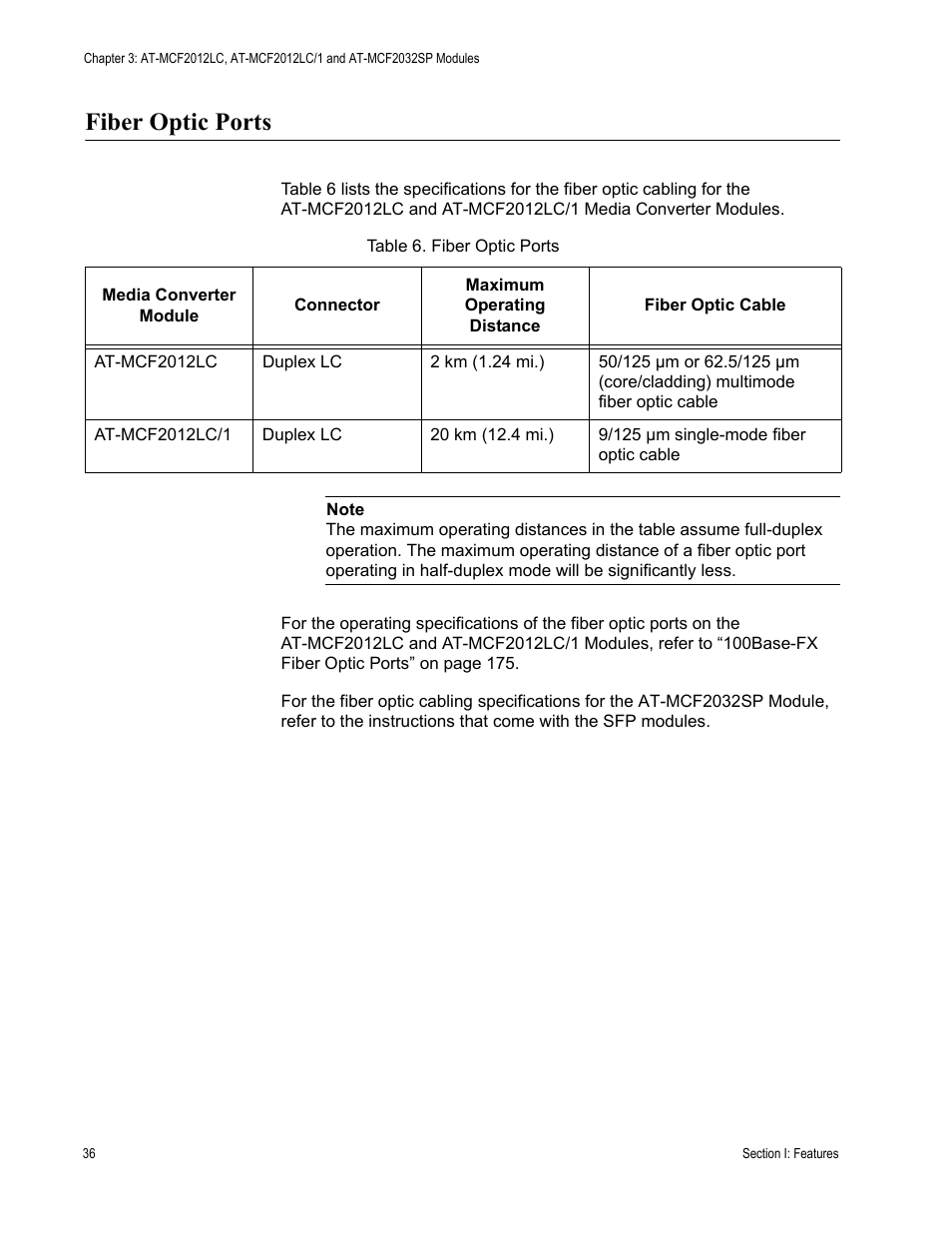 Fiber optic ports, Table 6: fiber optic ports | Allied Telesis AT-MCF2300 User Manual | Page 36 / 190