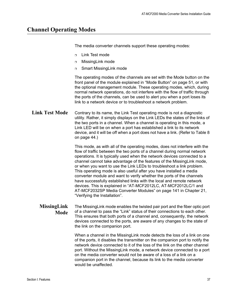 Channel operating modes, Link test mode, Missinglink mode | Link test mode missinglink mode | Allied Telesis AT-MCF2300 User Manual | Page 37 / 190