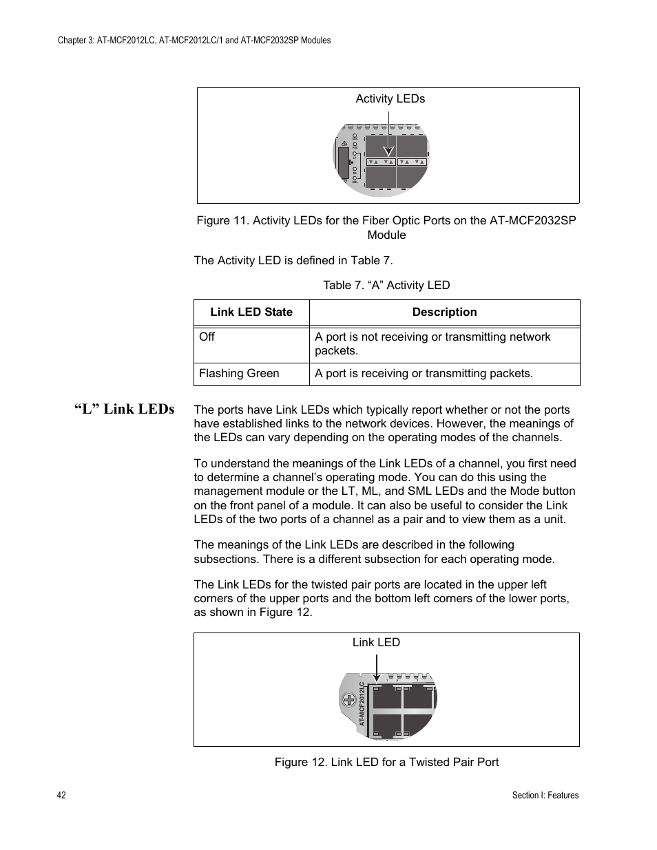 L” link leds, Table 7: “a” activity led, Link led | Allied Telesis AT-MCF2300 User Manual | Page 42 / 190