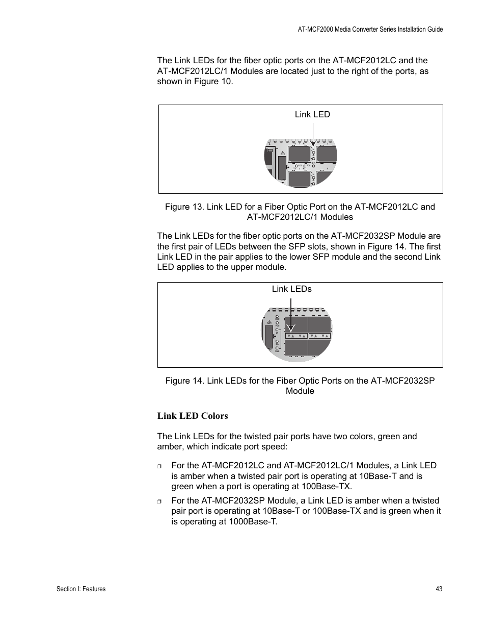 Link led colors, Link leds | Allied Telesis AT-MCF2300 User Manual | Page 43 / 190