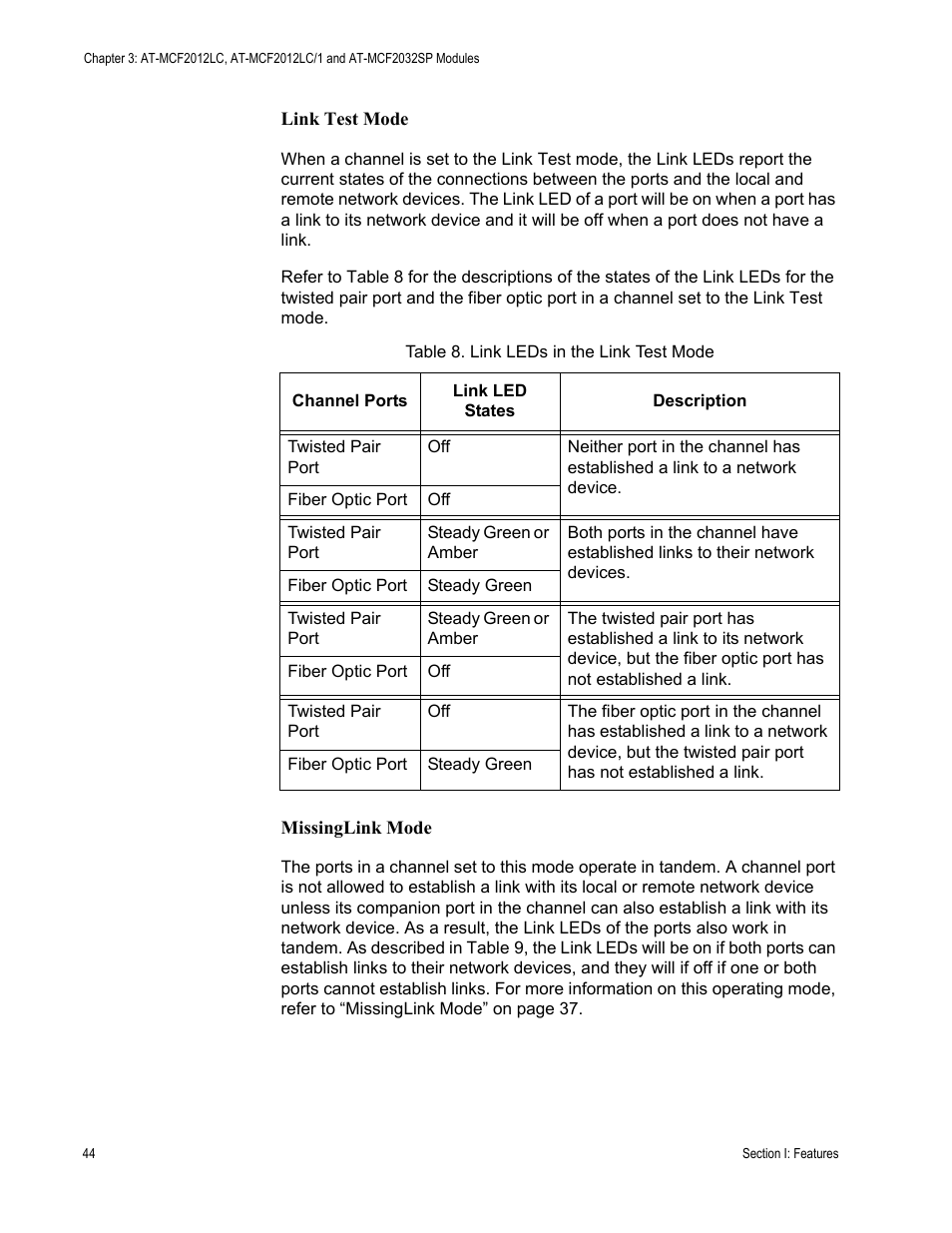 Link test mode, Missinglink mode, Table 8: link leds in the link test mode | Allied Telesis AT-MCF2300 User Manual | Page 44 / 190