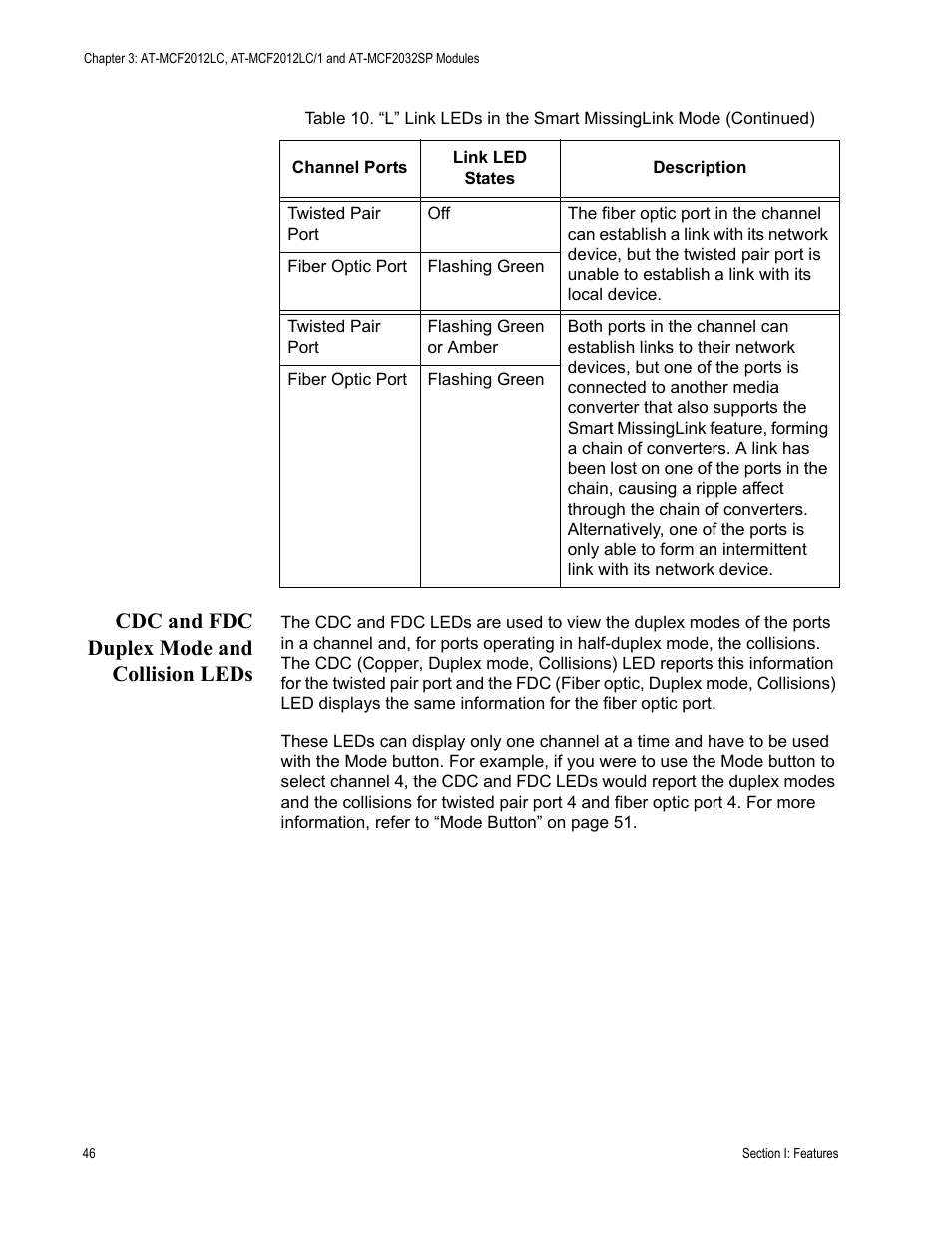 Cdc and fdc duplex mode and collision leds | Allied Telesis AT-MCF2300 User Manual | Page 46 / 190