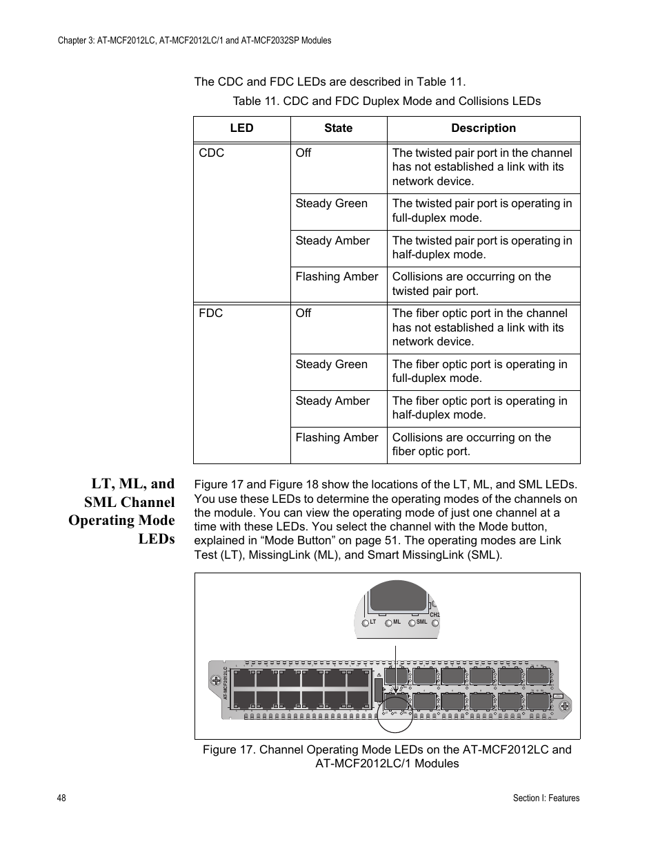Lt, ml, and sml channel operating mode leds, The cdc and fdc leds are described in table 11, Class 1 led product | Allied Telesis AT-MCF2300 User Manual | Page 48 / 190