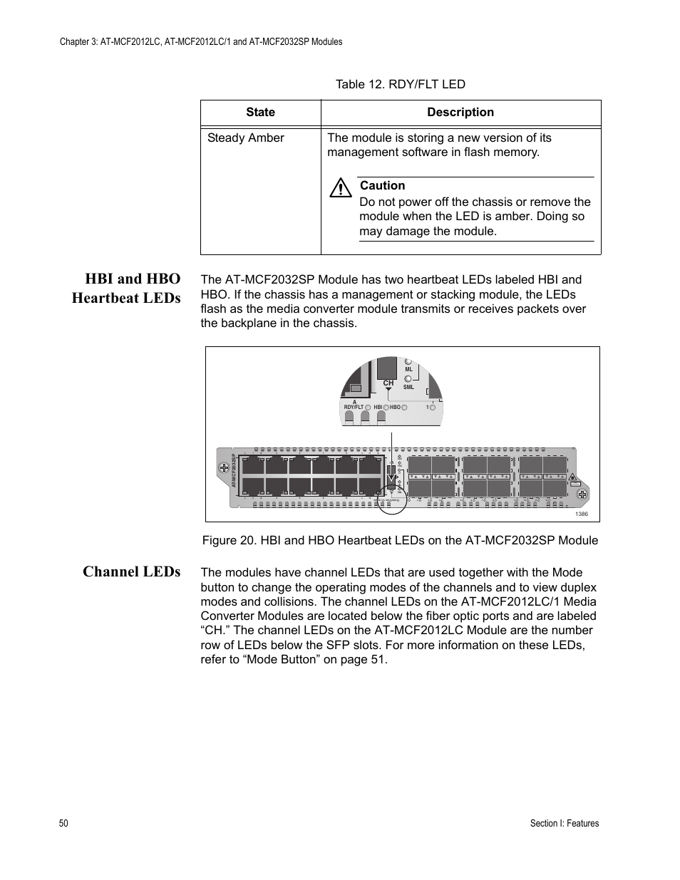 Hbi and hbo heartbeat leds, Channel leds, Hbi and hbo heartbeat leds channel leds | Class 1 laser product | Allied Telesis AT-MCF2300 User Manual | Page 50 / 190