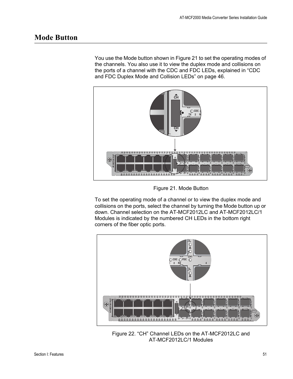 Mode button, Class 1 led product, La l a | Tx rx 2 cdc, Ch1 x rx 2 4 cdc fdc | Allied Telesis AT-MCF2300 User Manual | Page 51 / 190