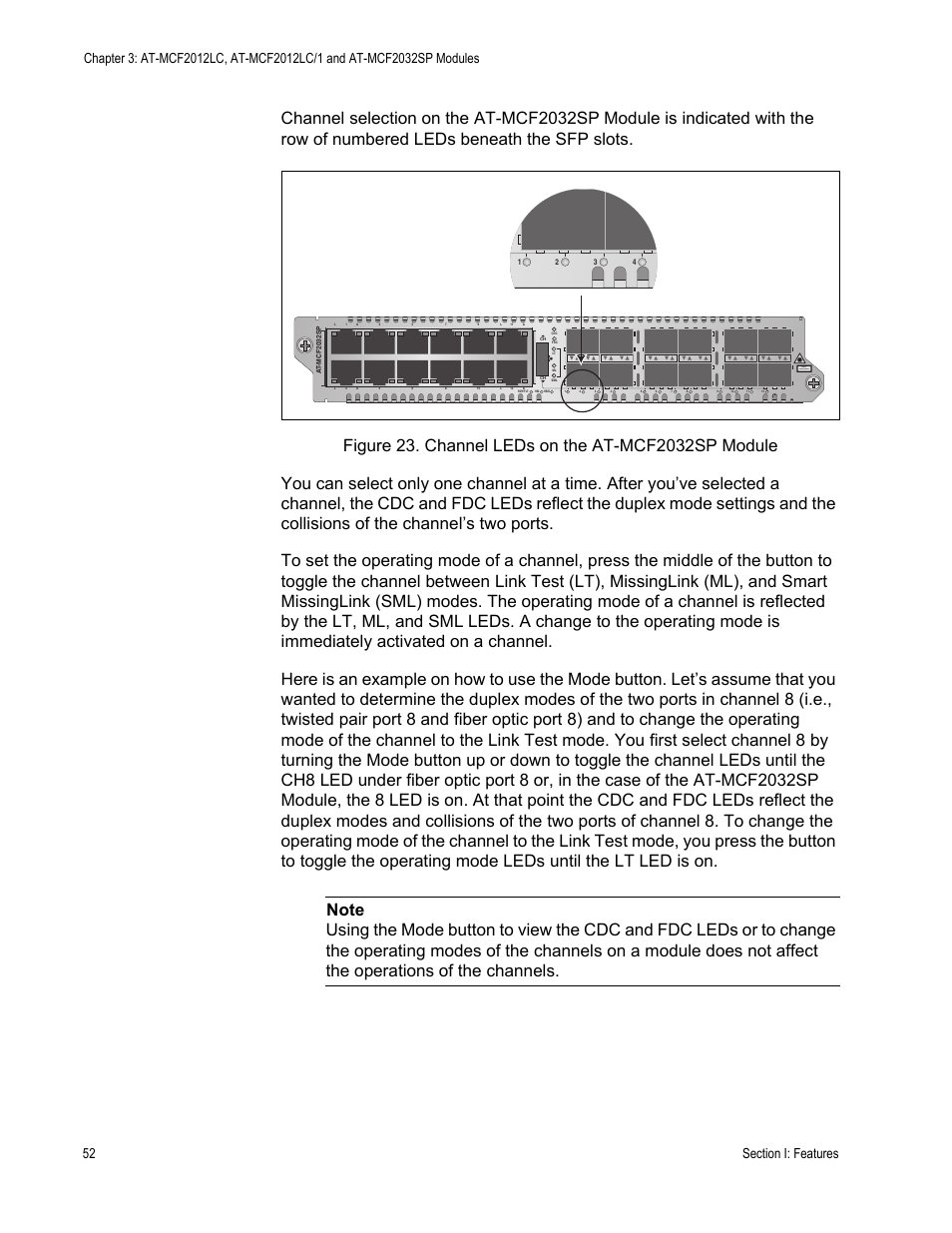 Figure 23: channel leds on the at-mcf2032sp module, Class 1 laser product | Allied Telesis AT-MCF2300 User Manual | Page 52 / 190