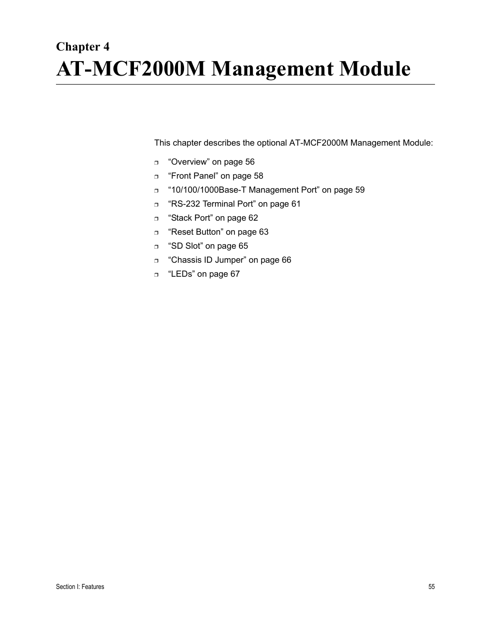 Chapter 4, At-mcf2000m management module, R 4: at-mcf2000m management module | Allied Telesis AT-MCF2300 User Manual | Page 55 / 190