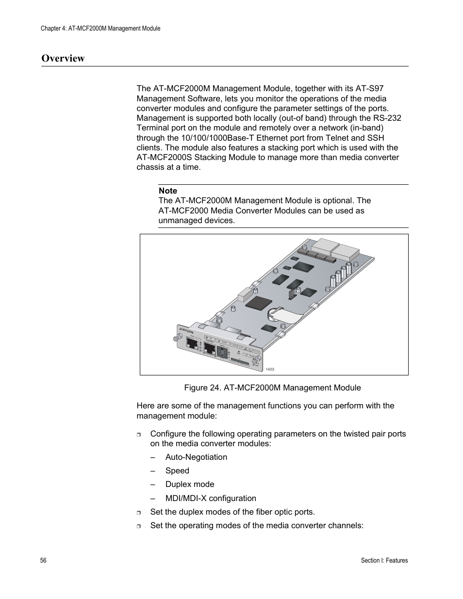 Overview, Figure 24: at-mcf2000m management module, Set the duplex modes of the fiber optic ports | Allied Telesis AT-MCF2300 User Manual | Page 56 / 190