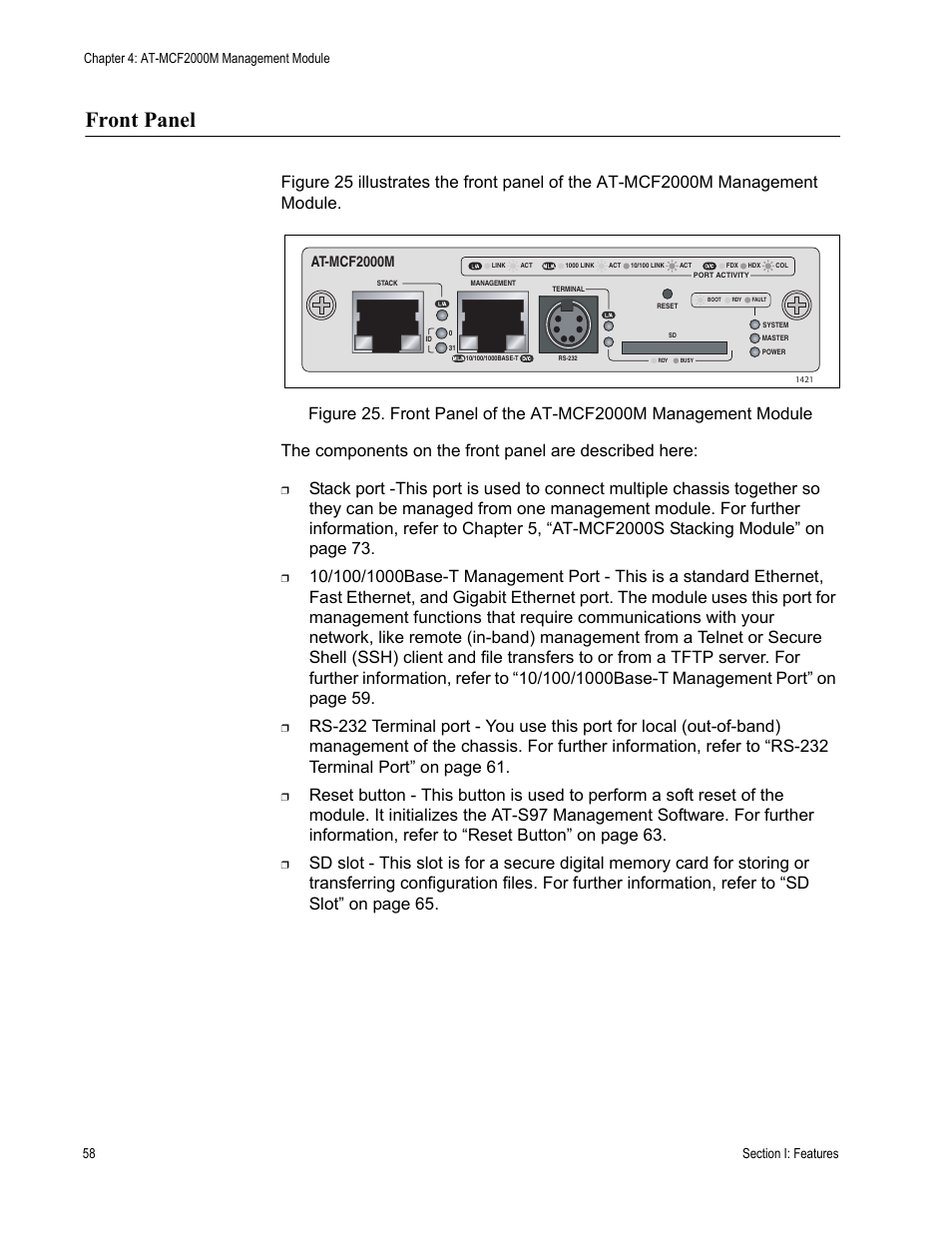 Front panel, At-mcf2000m | Allied Telesis AT-MCF2300 User Manual | Page 58 / 190
