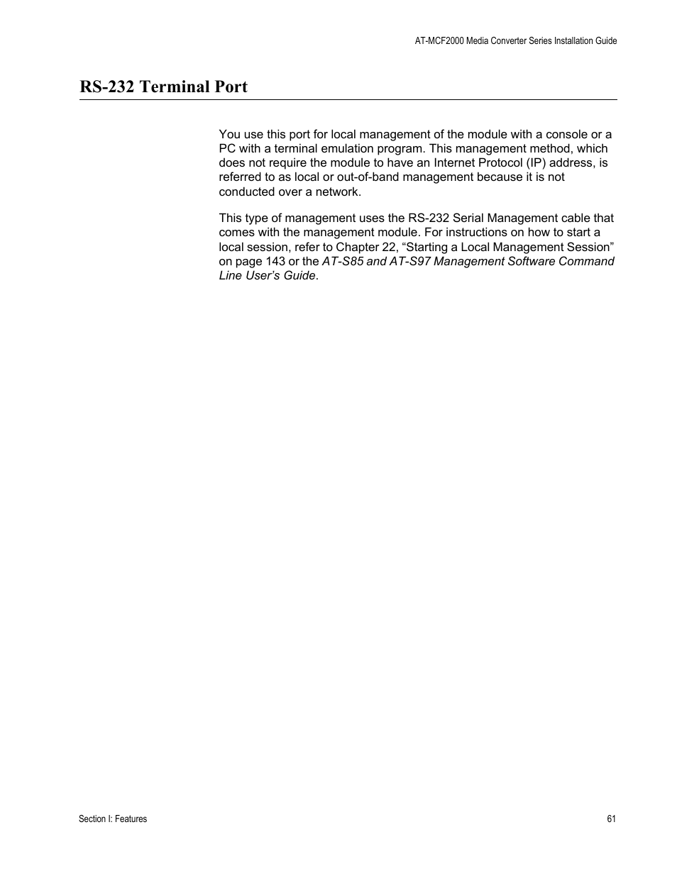 Rs-232 terminal port | Allied Telesis AT-MCF2300 User Manual | Page 61 / 190