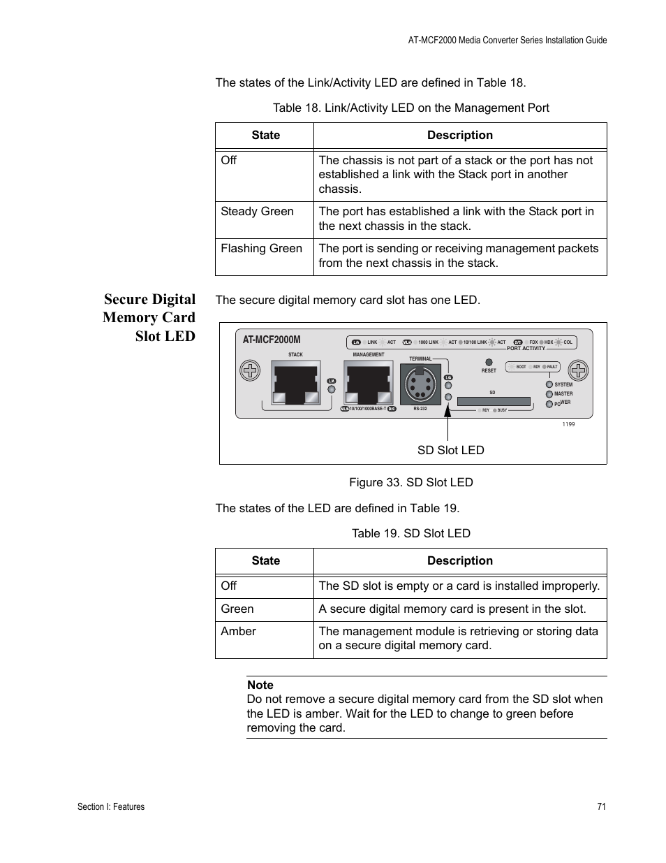 Secure digital memory card slot led, Figure 33: sd slot led, Sd slot led | Allied Telesis AT-MCF2300 User Manual | Page 71 / 190
