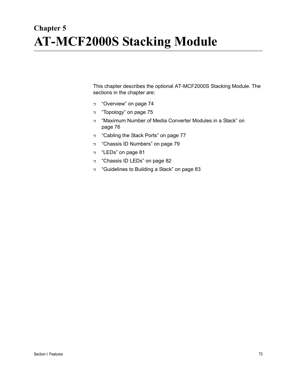 Chapter 5, At-mcf2000s stacking module, R 5: at-mcf2000s stacking module | Allied Telesis AT-MCF2300 User Manual | Page 73 / 190