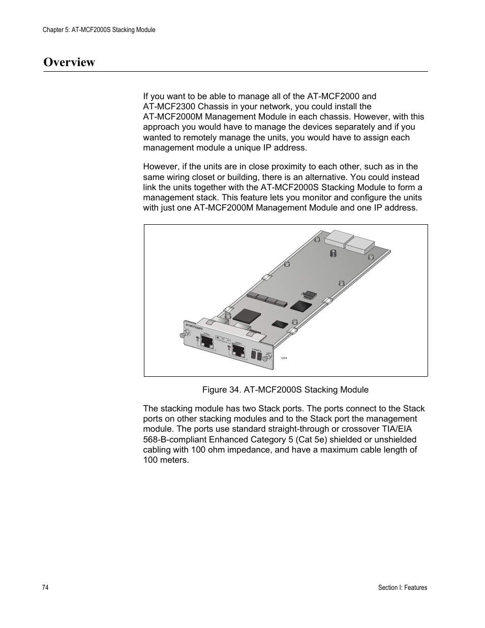 Overview, Figure 34: at-mcf2000s stacking module | Allied Telesis AT-MCF2300 User Manual | Page 74 / 190