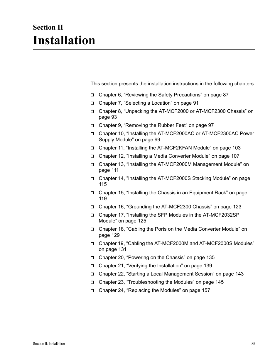 Section ii, Installation, Section ii: installation | Allied Telesis AT-MCF2300 User Manual | Page 85 / 190
