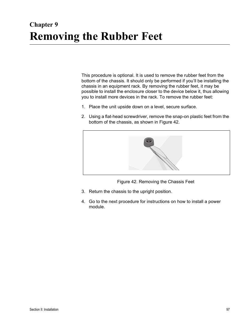 Chapter 9, Removing the rubber feet, Figure 42: removing the chassis feet | Allied Telesis AT-MCF2300 User Manual | Page 97 / 190