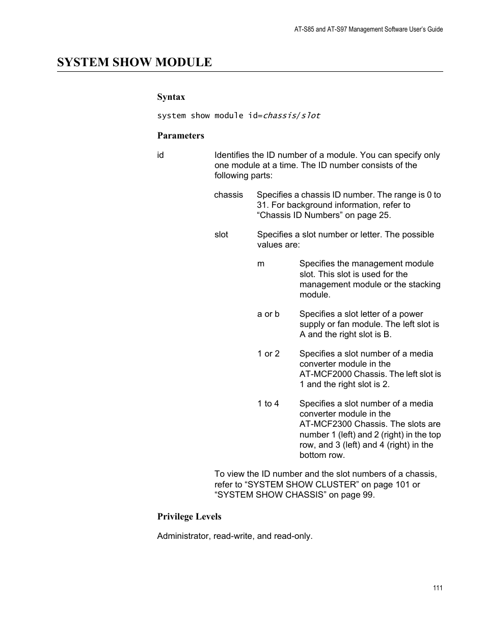 System show module | Allied Telesis AT-S97 User Manual | Page 111 / 248