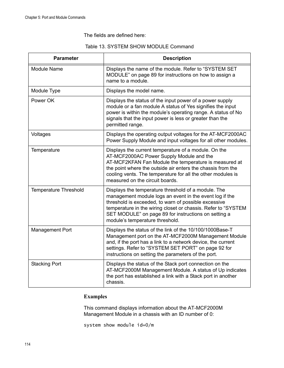 Table 13: system show module command | Allied Telesis AT-S97 User Manual | Page 114 / 248