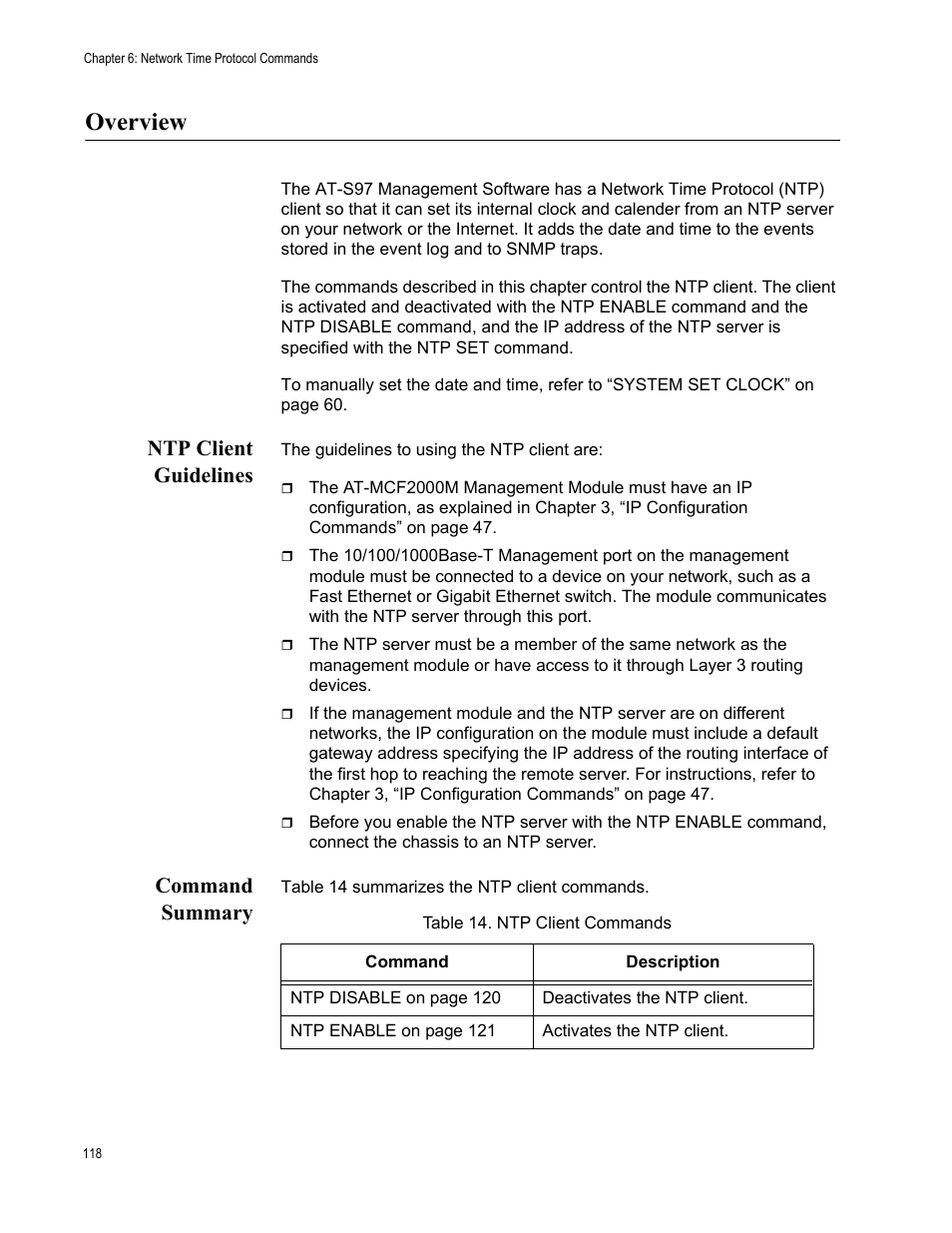 Overview, Ntp client guidelines, Command summary | Ntp client guidelines command summary, Table 14: ntp client commands | Allied Telesis AT-S97 User Manual | Page 118 / 248