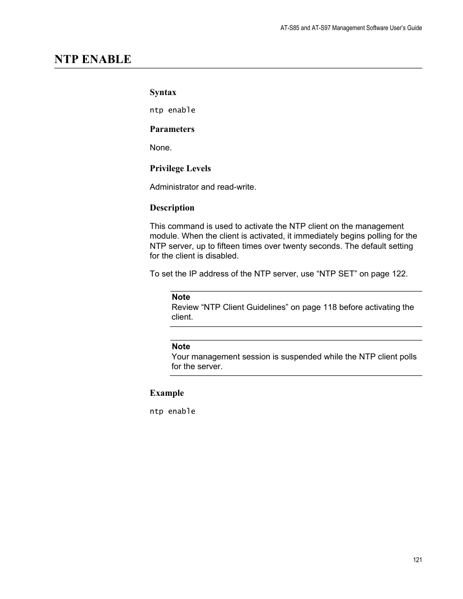 Ntp enable | Allied Telesis AT-S97 User Manual | Page 121 / 248