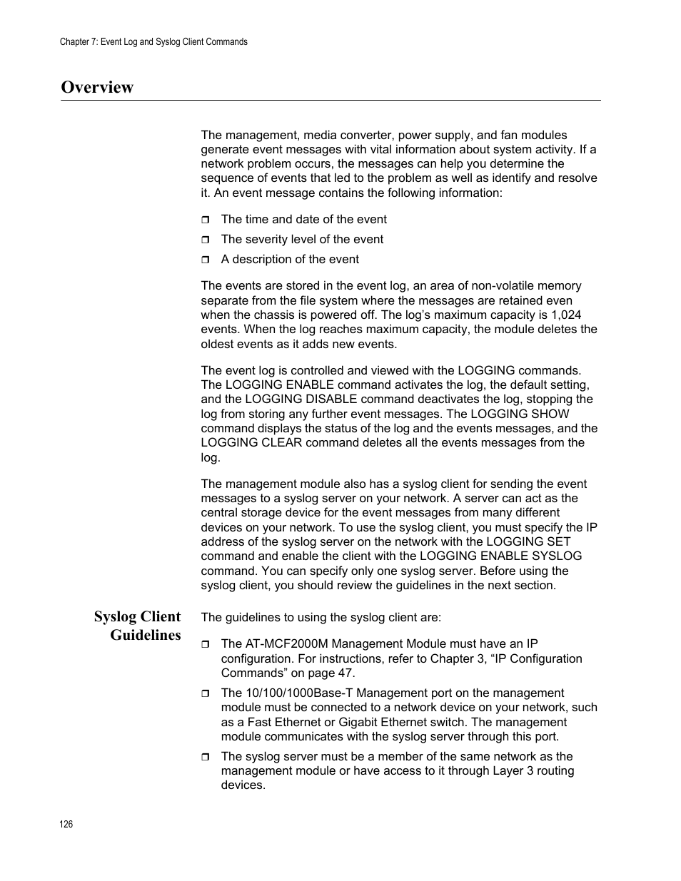 Overview, Syslog client guidelines | Allied Telesis AT-S97 User Manual | Page 126 / 248