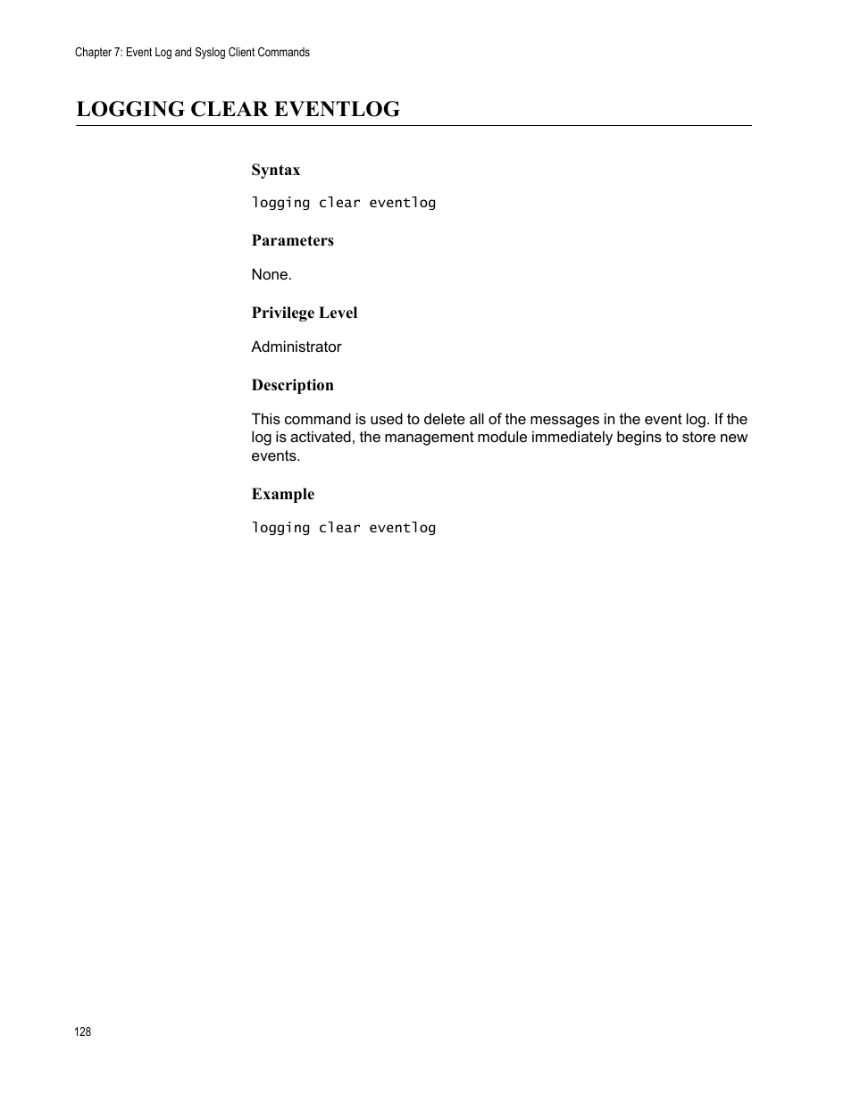 Logging clear eventlog | Allied Telesis AT-S97 User Manual | Page 128 / 248