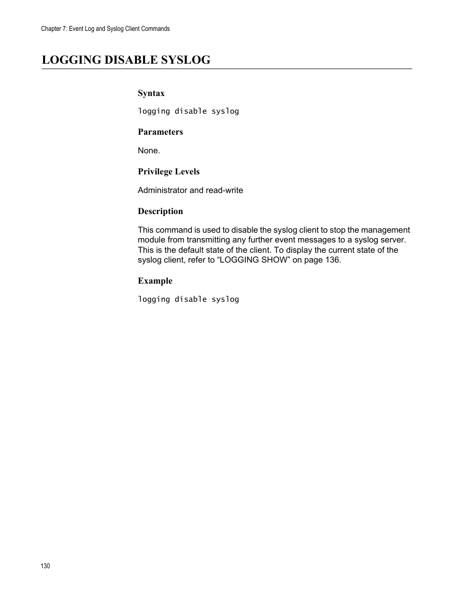 Logging disable syslog | Allied Telesis AT-S97 User Manual | Page 130 / 248