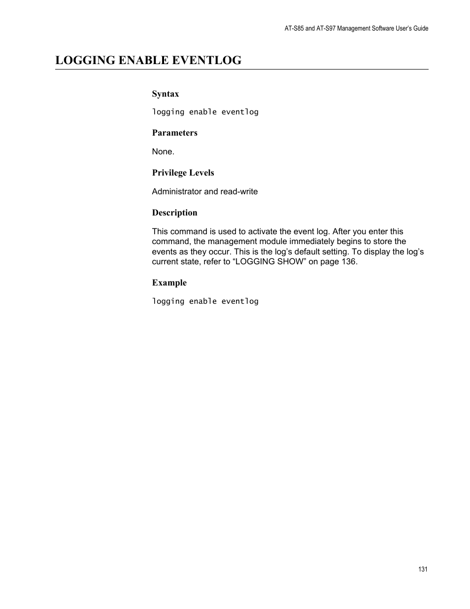 Logging enable eventlog | Allied Telesis AT-S97 User Manual | Page 131 / 248